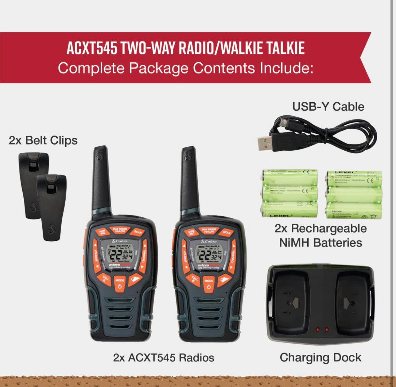 Cobra ACXT545 Weather-Resistant Walkie Talkies - Rechargeable, 22 Channels, Long Range 28-Mile Two-Way Radio Set (2-Pack)