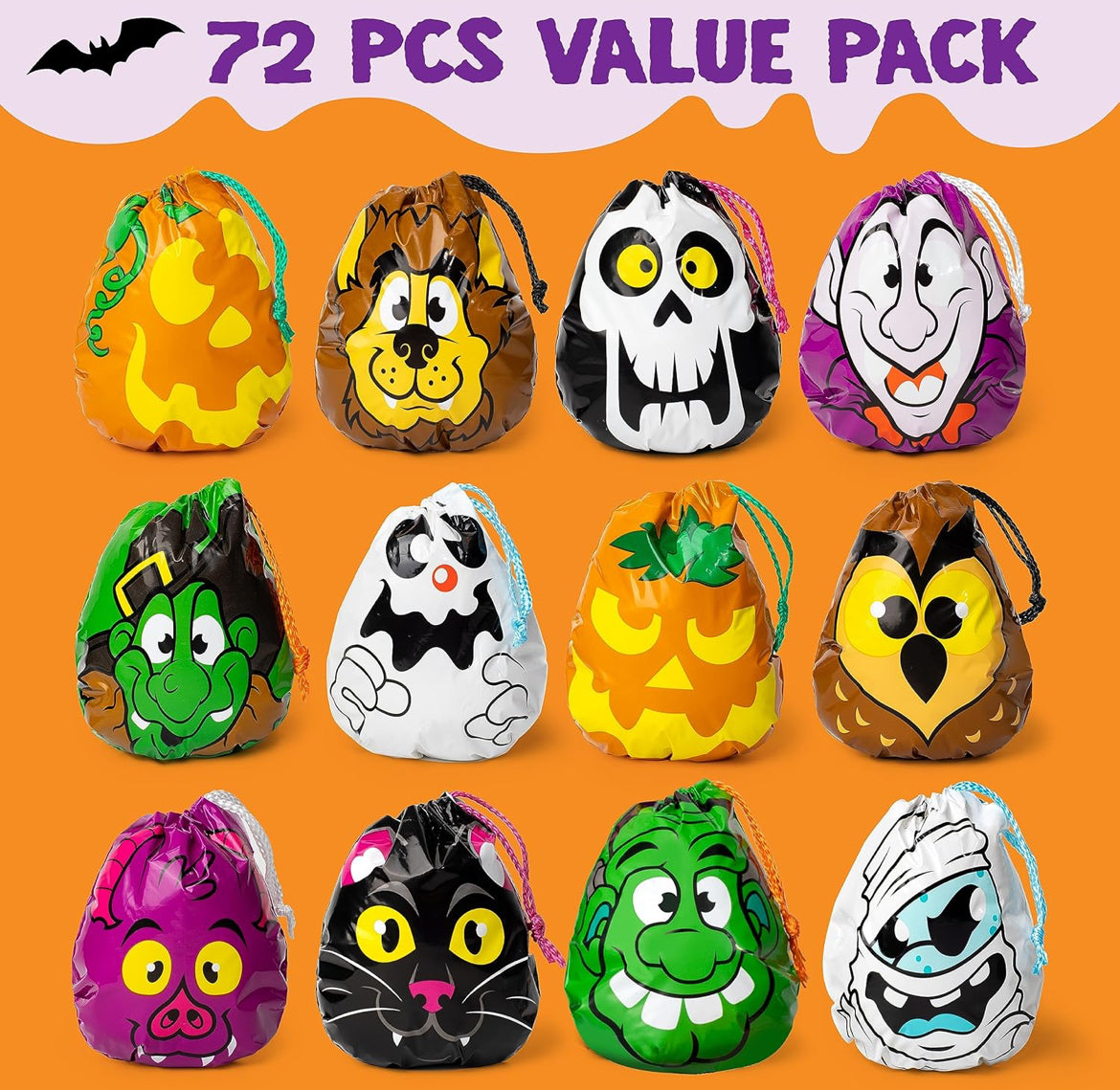 JOYIN 72 Stuks Halloween-trekkoordsakkies, Halloween-lekkersakke, Trick or Treat-sak, Goedjiesnoepgoed-geskenksak Grootmaat vir Kinders Trick or Treating, Partytjiegeskenkbenodigdhede, 12 Ontwerpe Klaskamergeskenke Pryse