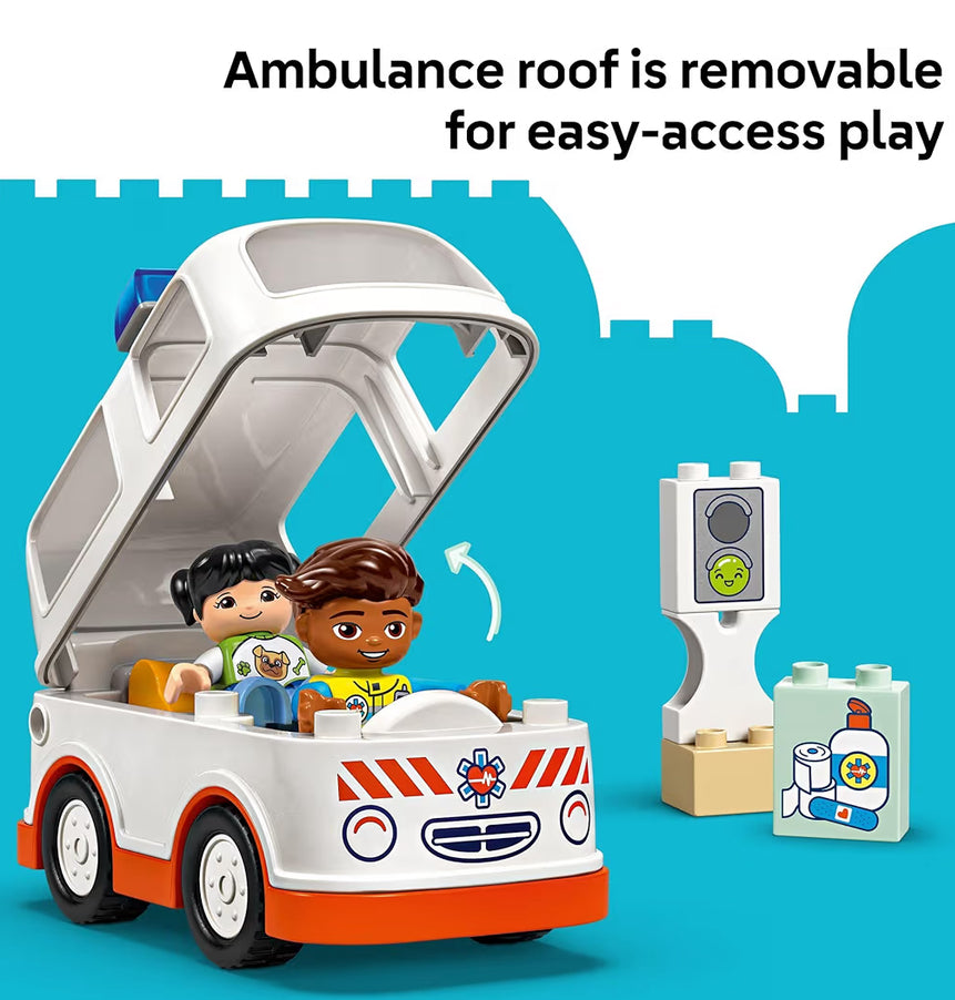 LEGO DUPLO Dorp Ambulans & Drywer Boustel Speelgoed – Voorskoolse Leer- en Opvoedkundige Ambulansspeelding vir Kleuters, Seuns en Meisies, Ouderdom 2+ – Voorgee Speel Baba Geskenkidee – 10447