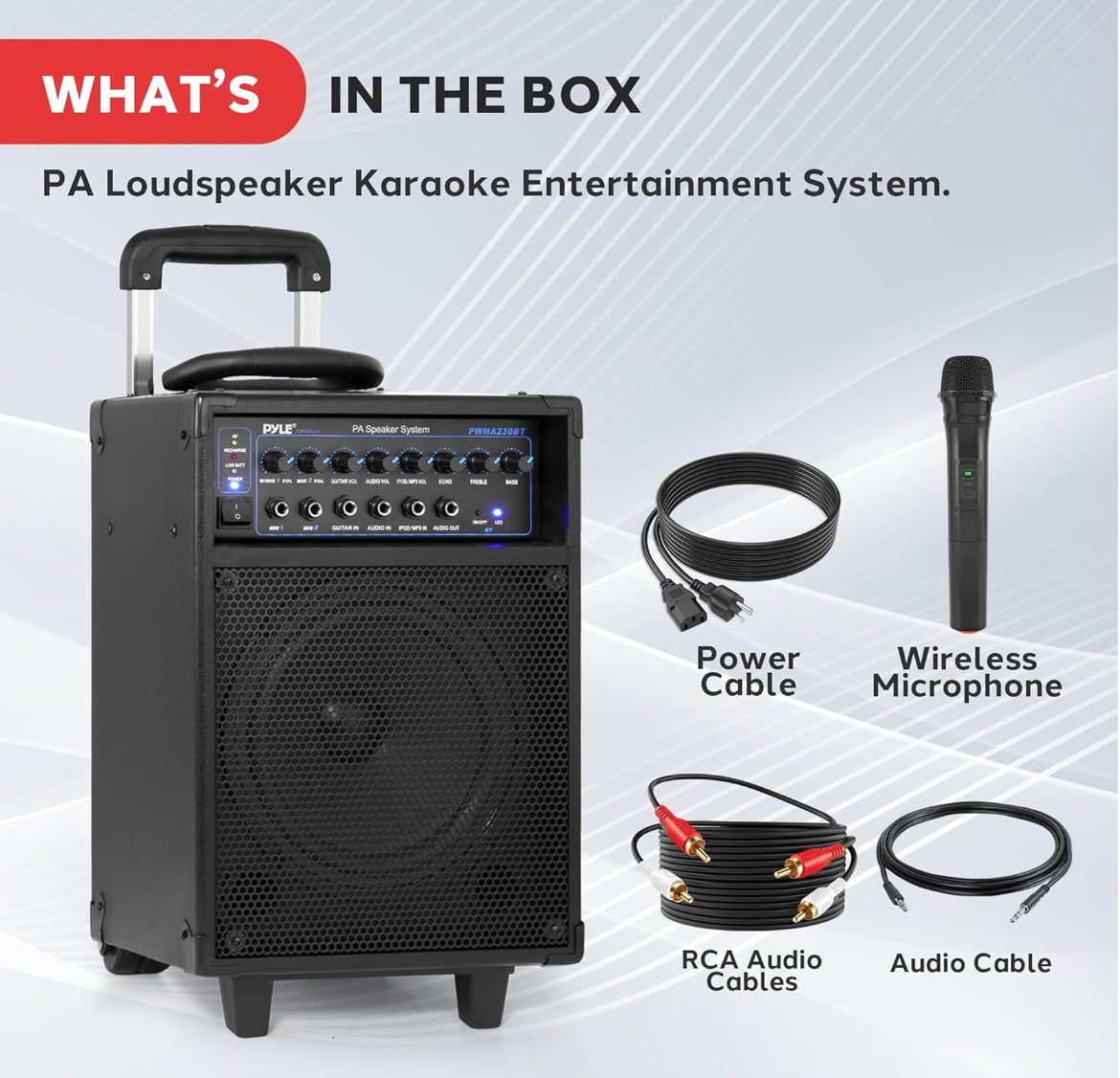 Draadlose Draagbare PA-stelsel-400W Bluetooth-versoenbare Herlaaibare Battery-aangedrewe Buiteklankstereo-luidspreker-mikrofoonstel met handvatsel, wiele-1/4 tot AUX, RCA-kabel