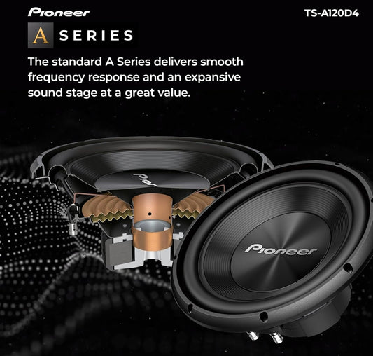 Pioneer TS-A120D4 12” Oorgroot Subwoofer, 1500 Watt Piek Krag, Dubbel 4 Ohm Spreekspoel vir Diep, Verbeterde Basrespons, Vlak Ontwerp, Buigsame Pasvorm