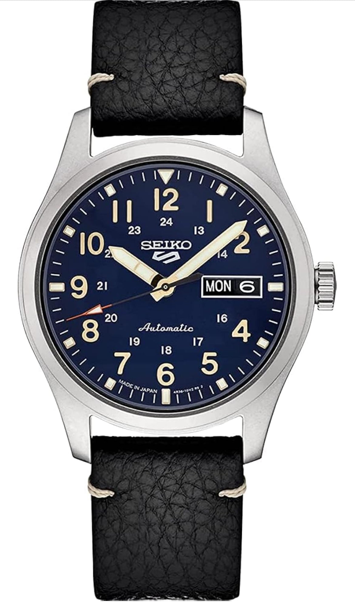 SEIKO Horlosie Outomaties met Handopwinding, Blou Wysplaat, Vlekvryestaal-kas, Swart Leerband, 100m Waterbestand