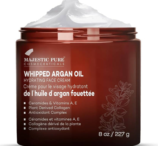Suiwer Geklopte Arganolie Bevogtiger Gesigroom vir Vroue en Mans - Met Vitamien E A, Kollageen en Ceramiede - Hidreer Droë Vel, Olierige Vel, Verminder Voorkoms van Fyn Lyntjies – (236ml)