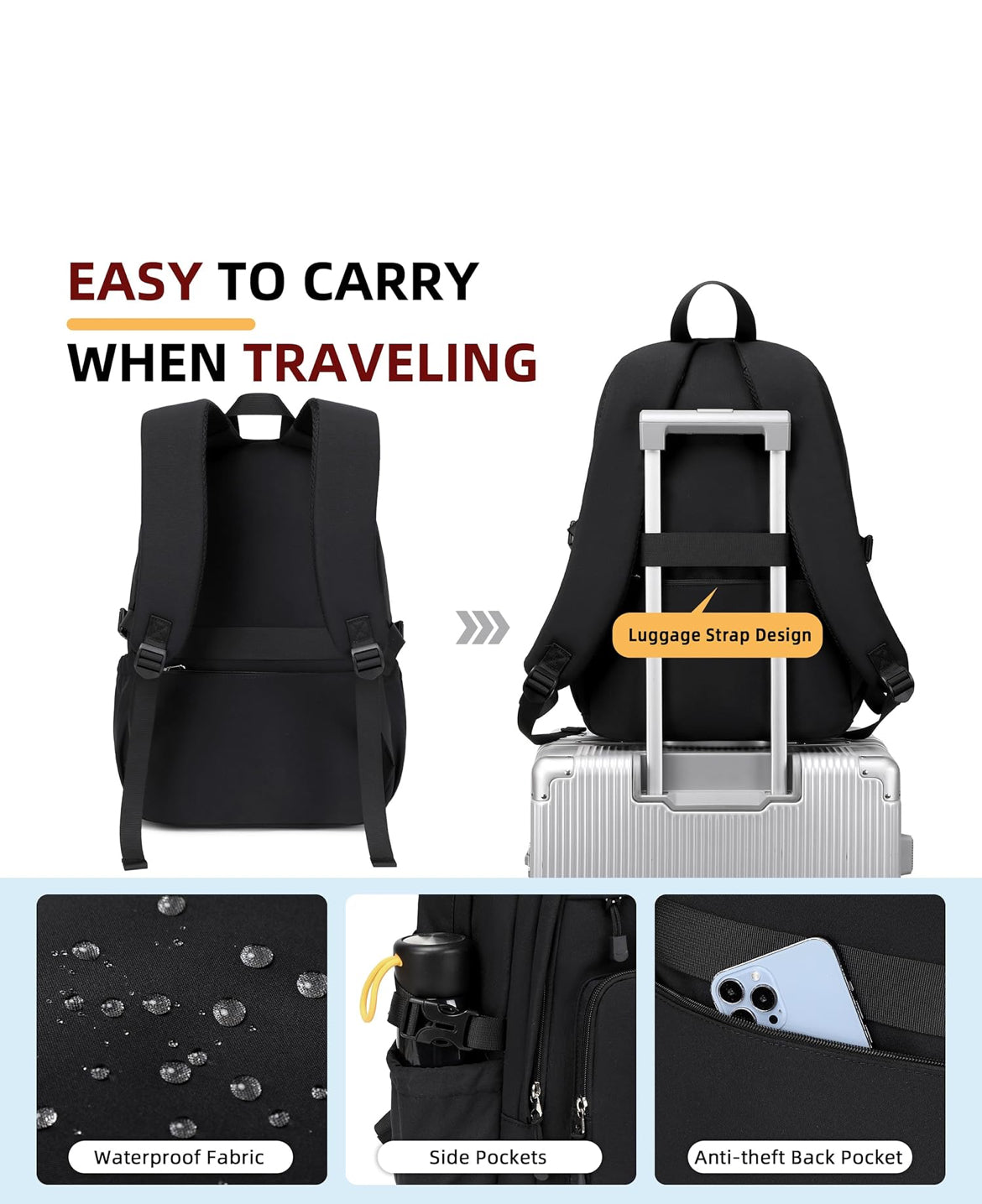 College Bookbag Laptop Backpacks 15.6 Inch Kids Elementary School Bag for Teens Girls Boys Water Resistant Sport Travel Back Pack Women Men Work Business Computer Rucksack Black