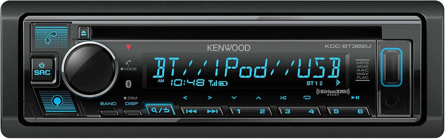KENWOOD KDC-BT382U CD-motorradiostel met Bluetooth, AM/FM-radio, veranderlike kleurvertoning, hoëkrag-USB aan die voorkant, ingeboude Alexa en gereed vir SiriusXM