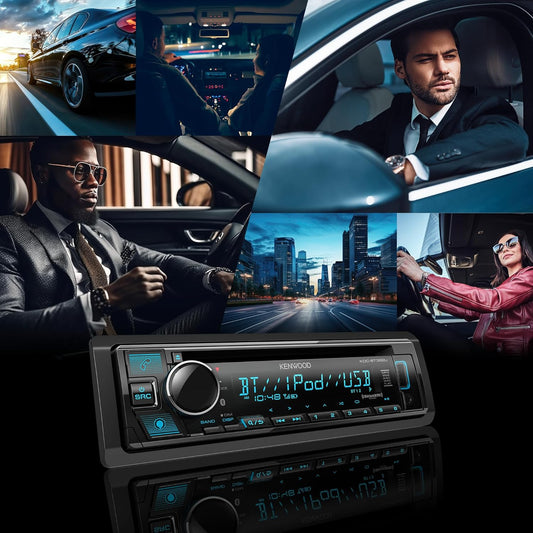 KENWOOD KDC-BT382U CD-motorradiostel met Bluetooth, AM/FM-radio, veranderlike kleurvertoning, hoëkrag-USB aan die voorkant, ingeboude Alexa en gereed vir SiriusXM