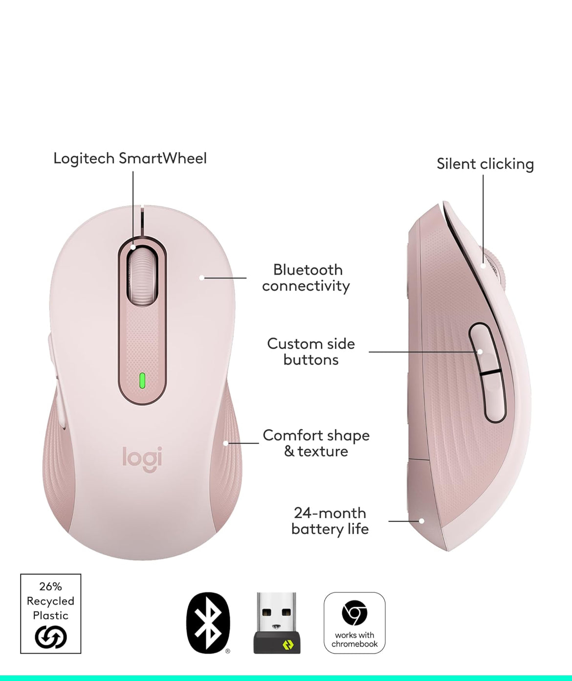 Logitech Wireless Mouse Signature M650- Small Hands Silent Clicks, Customizable Buttons, Bluetooth, PC/Mac/Chromebook - Rose, Right-Handed, Small-Medium