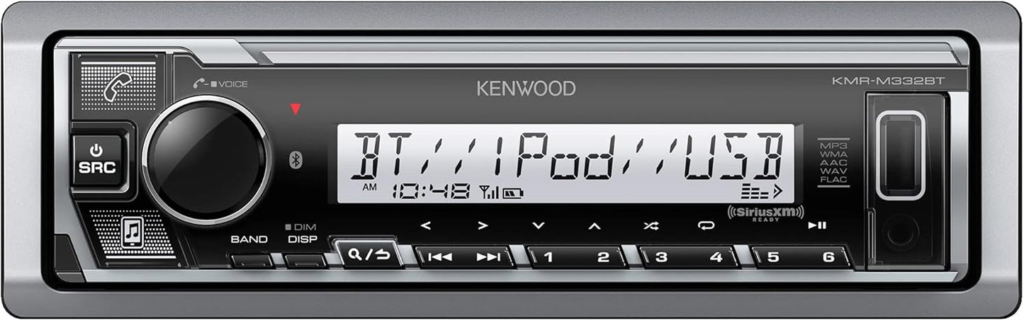KENWOOD KMR-M332BT Motor- en mariene-stereo - Enkel DIN, Bluetooth-oudio, USB MP3, Aux-ingang, AM FM-radio SiriusXM-gereed, Weerbestand, Veelkleurige beligting