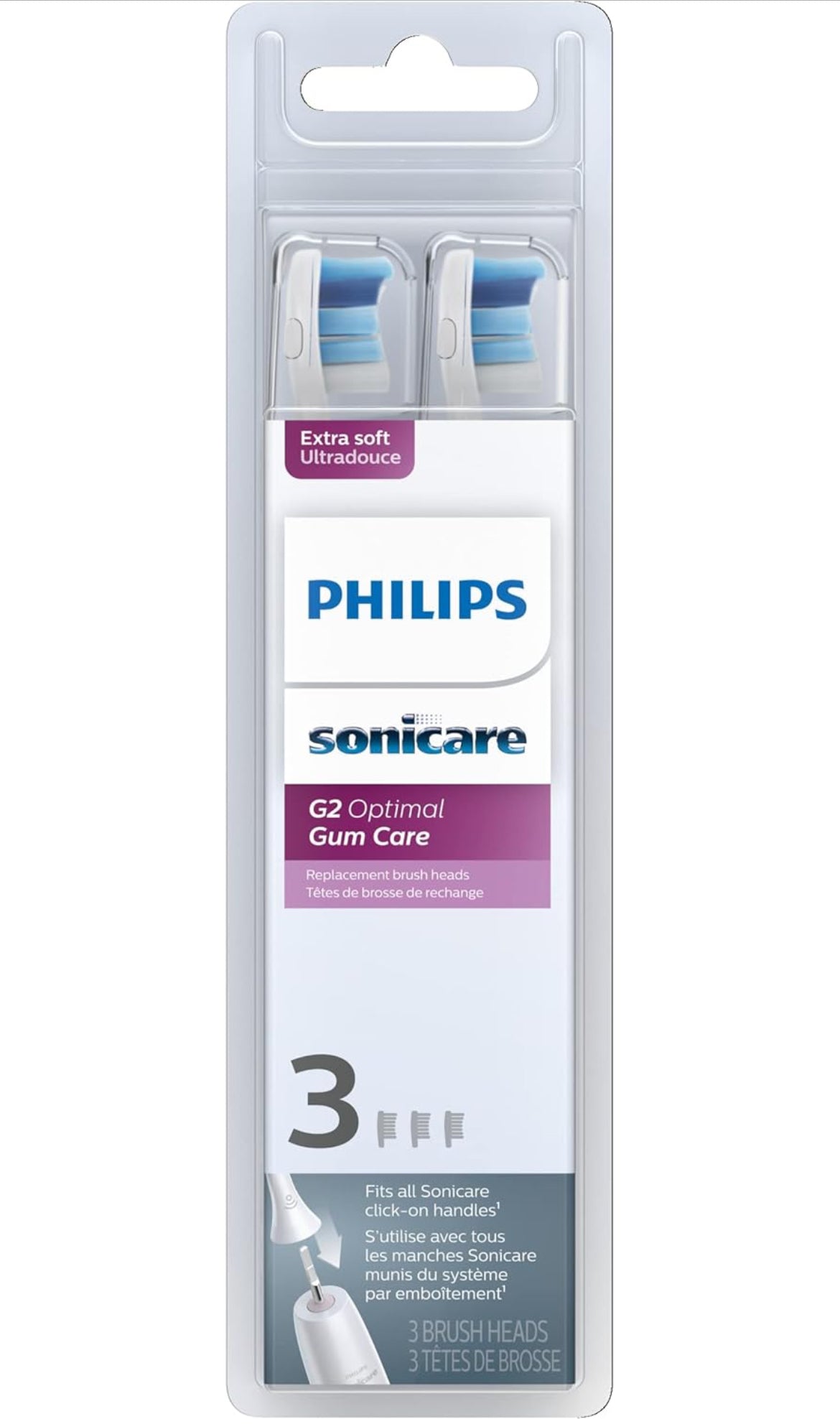 Philips Sonicare G2 Optimal Gum Care Borselkoppe, Oorspronklike Vervangings-Tandeborselkoppe, Wit (3 Stuks) HX9033/65