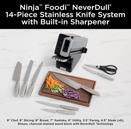 Ninja K62014 Foodi NeverDull Premium 14-Stuk Duitse Vlekvrye Staal Messtelsel met Ingeboude Skerpmaker, Vlekvrye Staal/Swart