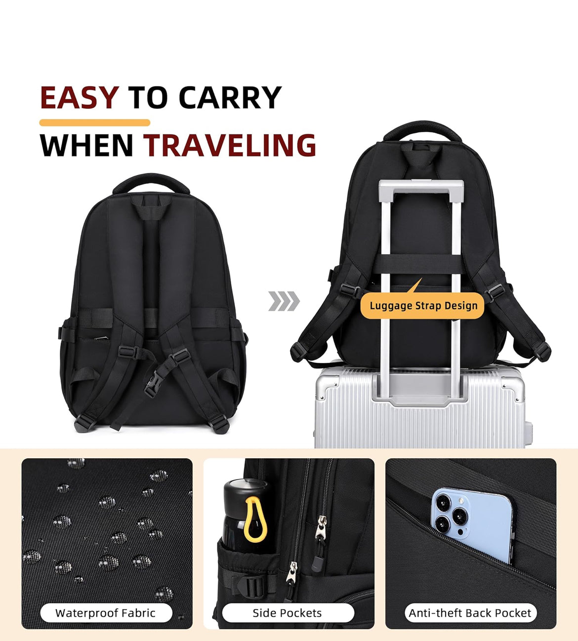 Laptop Backpack for Women Men 17 Inch , Anti Theft Carry on Travel Backpacks, Water Resistant College Bookbag Large Kids School Bag for Teens Boys Girls Business Work Back Pack Casual Daypack Black