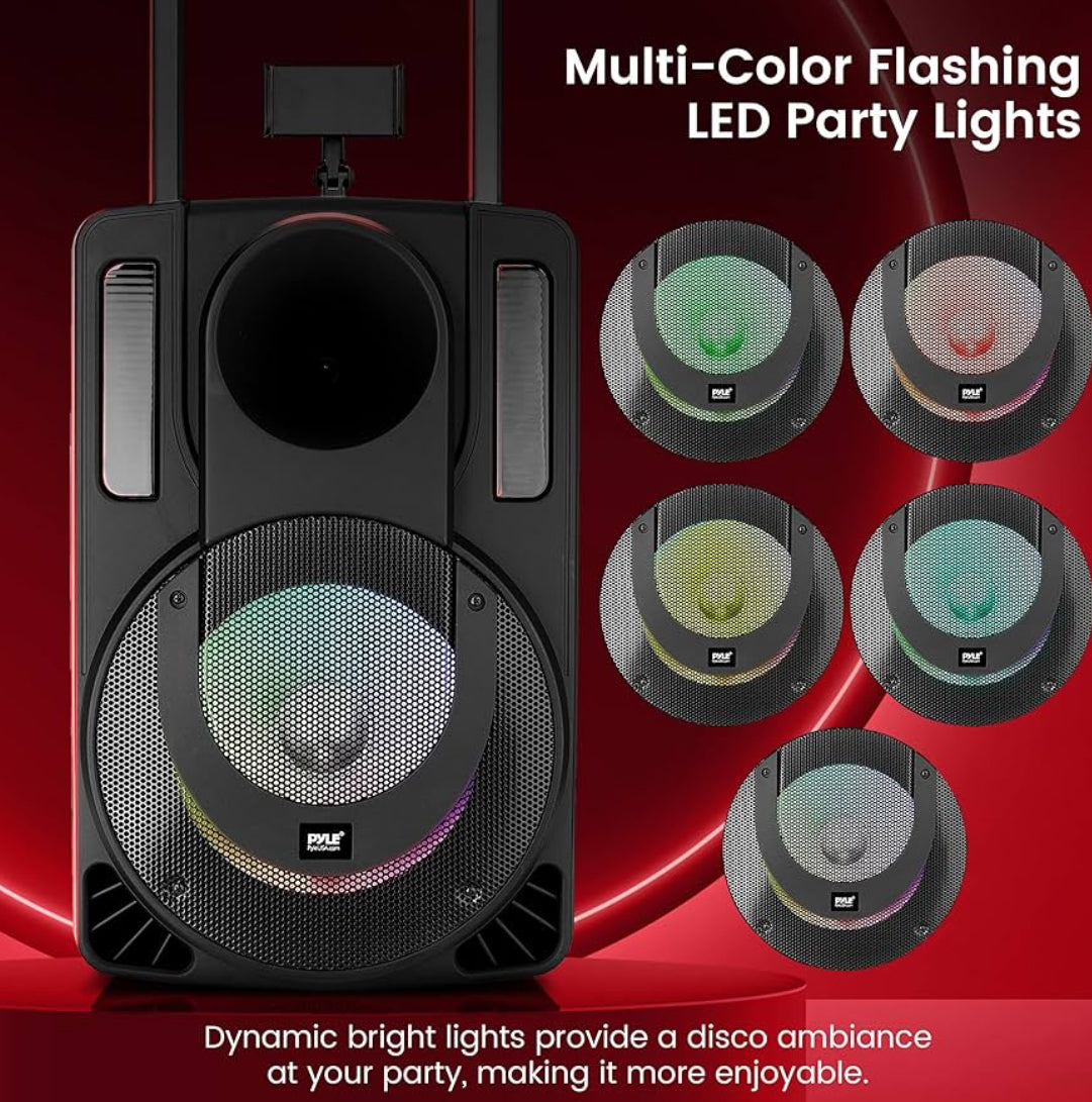 Portable 8 Inches PA Speaker System - Wireless BT Streaming & Karaoke Party Two Wireless Mic, Wired Microphone, Tablet Stand, Flashing Party Lights, MP3/USB//FM Radio