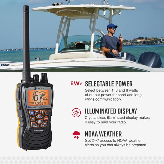 Cobra MR HH500 FLT BT Handheld Drywende VHF Radio – 6 Watt, Bluetooth, Onderdompelbaar, Geraasdempende Mik, Agtergrondverligte LCD-skerm, Drywende en Waterdigte Ontwerp (IP67-gradering), Geheueskandering, Swart