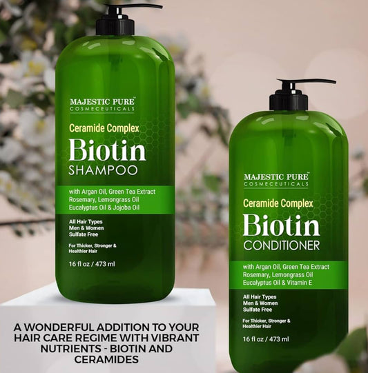 PURE Biotien Sjampoe en Opknapperstel – Met Essensiële Olies & Ceramiede – Help Haargroei, Verdikking, Droë & Gekleurde Hare – Sulfaatvry – Vir Alle Haartipes – Mans & Vroue