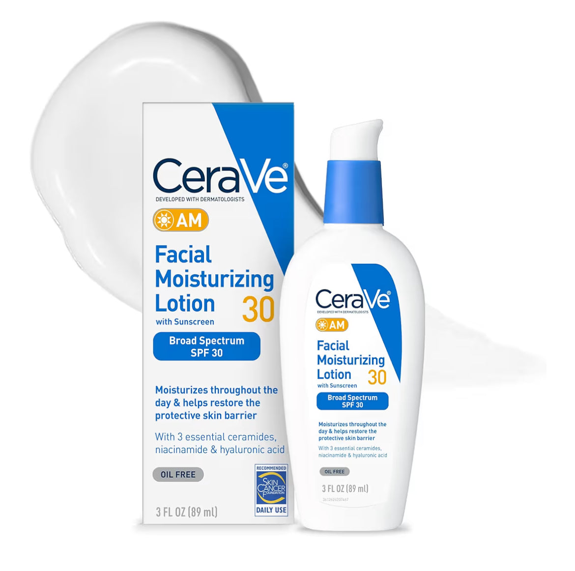 CeraVe AM Gesigsbevogtigende Lotion SPF 30, Olievrye Gesigsbevogtiger Hialuroonsuur, Niasienamied & Skeramiede (89 ml)