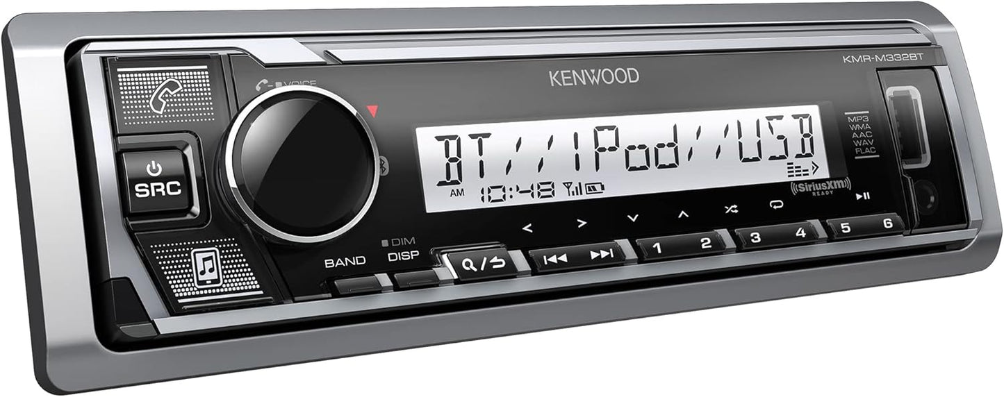 KENWOOD KMR-M332BT Motor- en mariene-stereo - Enkele DIN, Bluetooth-oudio, USB MP3, Aux-in, AM FM-radio SiriusXM-gereed, Weerbestand, Veelkleurige beligting