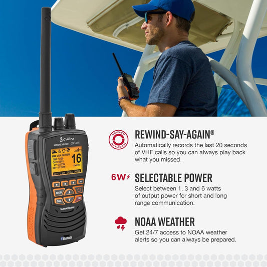 Cobra MR HH600FLTBTGPS Handheld Dryf-VHF-radio – 6 Watt, GPS, Bluetooth, Onderdompelbaar, Geraasdempende mikrofoon, Verligte LCD-skerm, Geheue-skandering, Grys