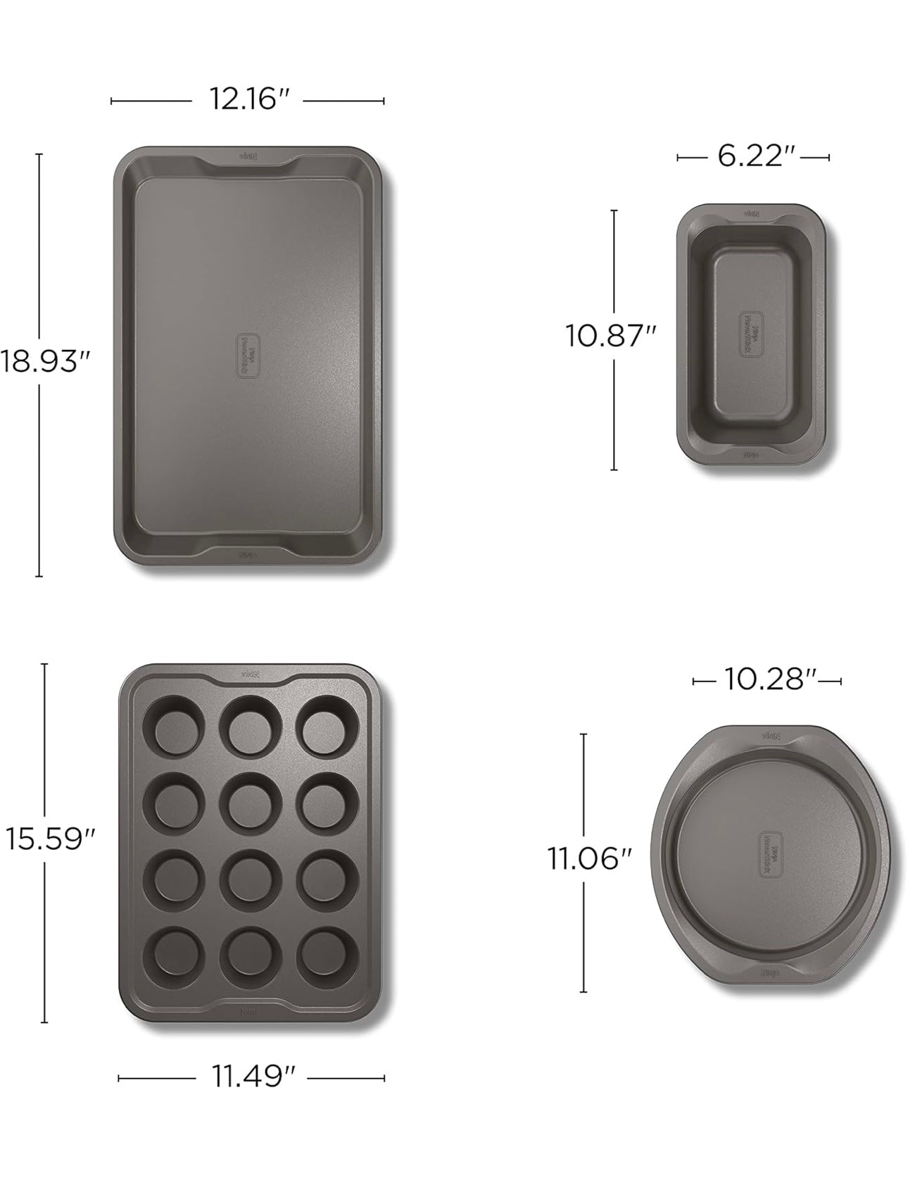 Ninja B35005 Foodi NeverStick Premium 5-stuk Bakwareplaatstel, Oondveilig tot 260°C - 12 Koppie Muffinpan, & (2) 9 Duim Ronde Koekpanne - Grys