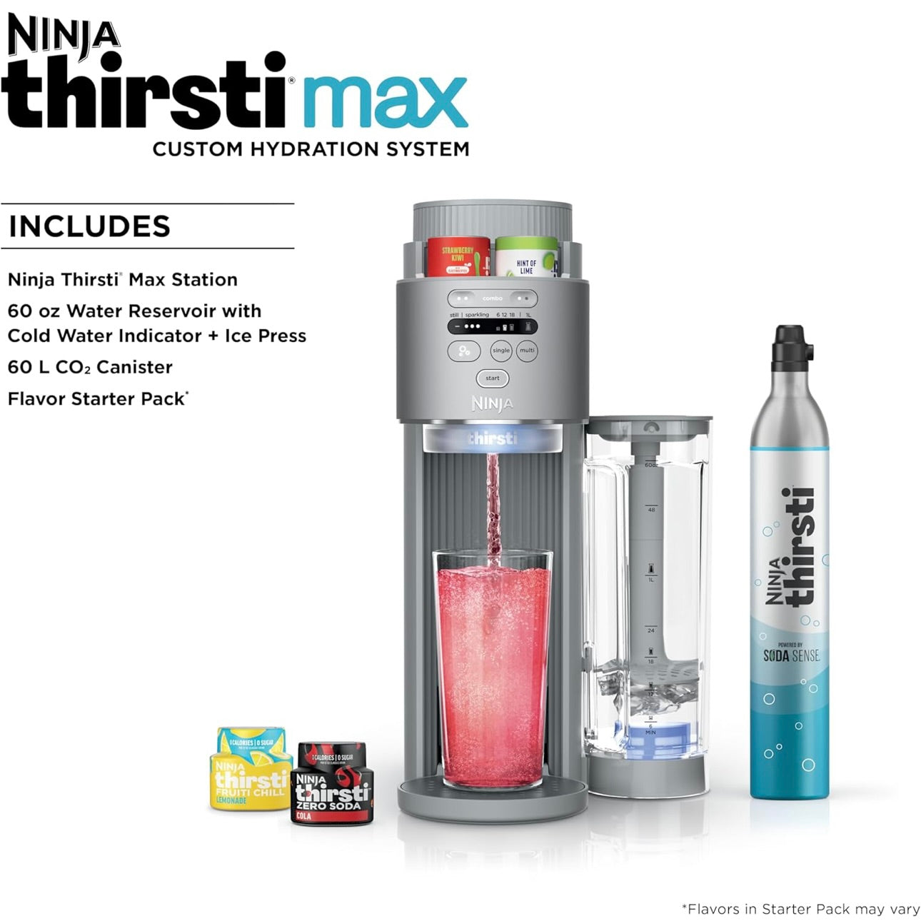 Ninja Thirsti Max Custom Hydration System, Soda Maker, Sparkling Water Maker, Custom Still & Sparkling Drinks, Compact Design, With 60L CO₂ Cylinder & Flavored Water Drops - Silver