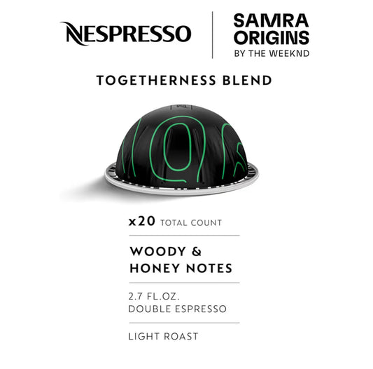 Nespresso I Samra Origins by The Weeknd Vertuo Blend, Double Espresso, Light Roast,Brews 2.7 Oz. -20CT Pods
