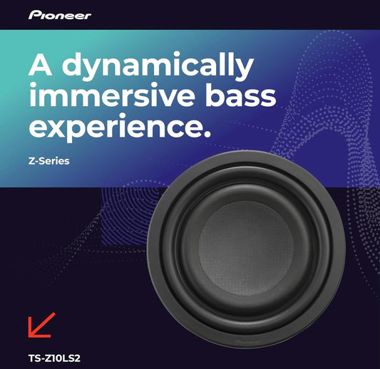 Pioneer TS-Z10LS2 10” Oorgroot Subwoofer, Plat Ontwerp, Maklike Installasie en Buigsame Pasvorm, 1300 Watt Spitskrag, Enkel 2 Ohm Stemspoel vir Diep, Verbeterde Basrespons