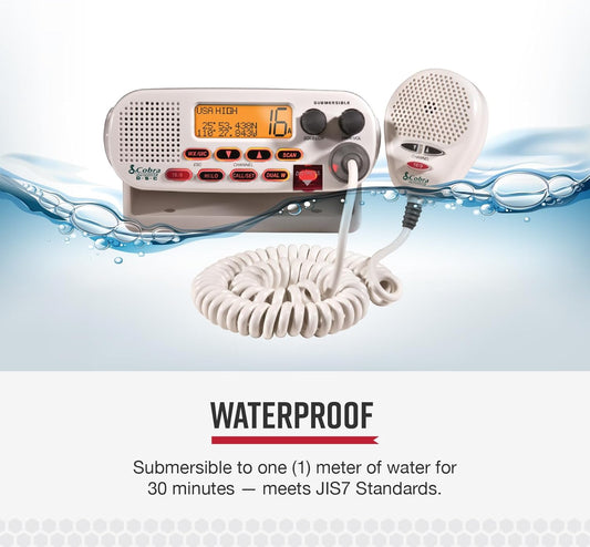 Cobra MR F45-D Vaste-Monteer VHF Marieneradio – 25 Watt VHF, Dompelbaar, LCD-skerm, Geraasdempende Mikrofoon, NOAA Weerkanale, Seinsterktemeter, Skandeerkanale, Wit
