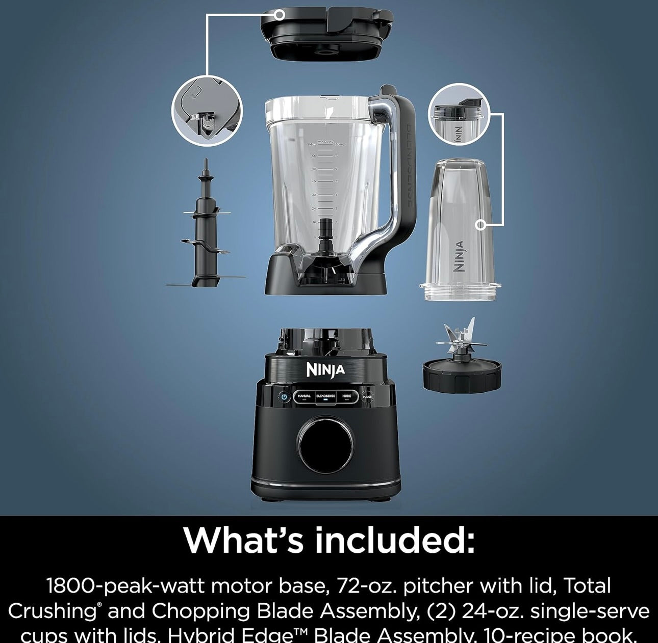 Ninja Detect Power Blender Pro + Personal Single-Serve, BlendSense Technology Compact Kitchen Countertop, 1800 P-Watts, 72 oz. Pitcher, (2) 24 oz. Cups - Black TB301