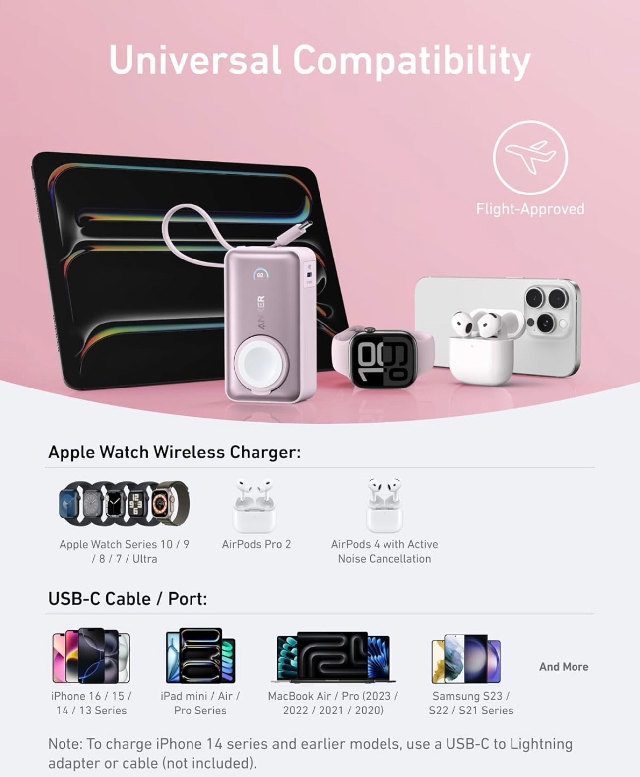 Anker MagGo Power Bank for Apple Watch, Officially Certified, 10,000 mAh Compact Battery - Pink