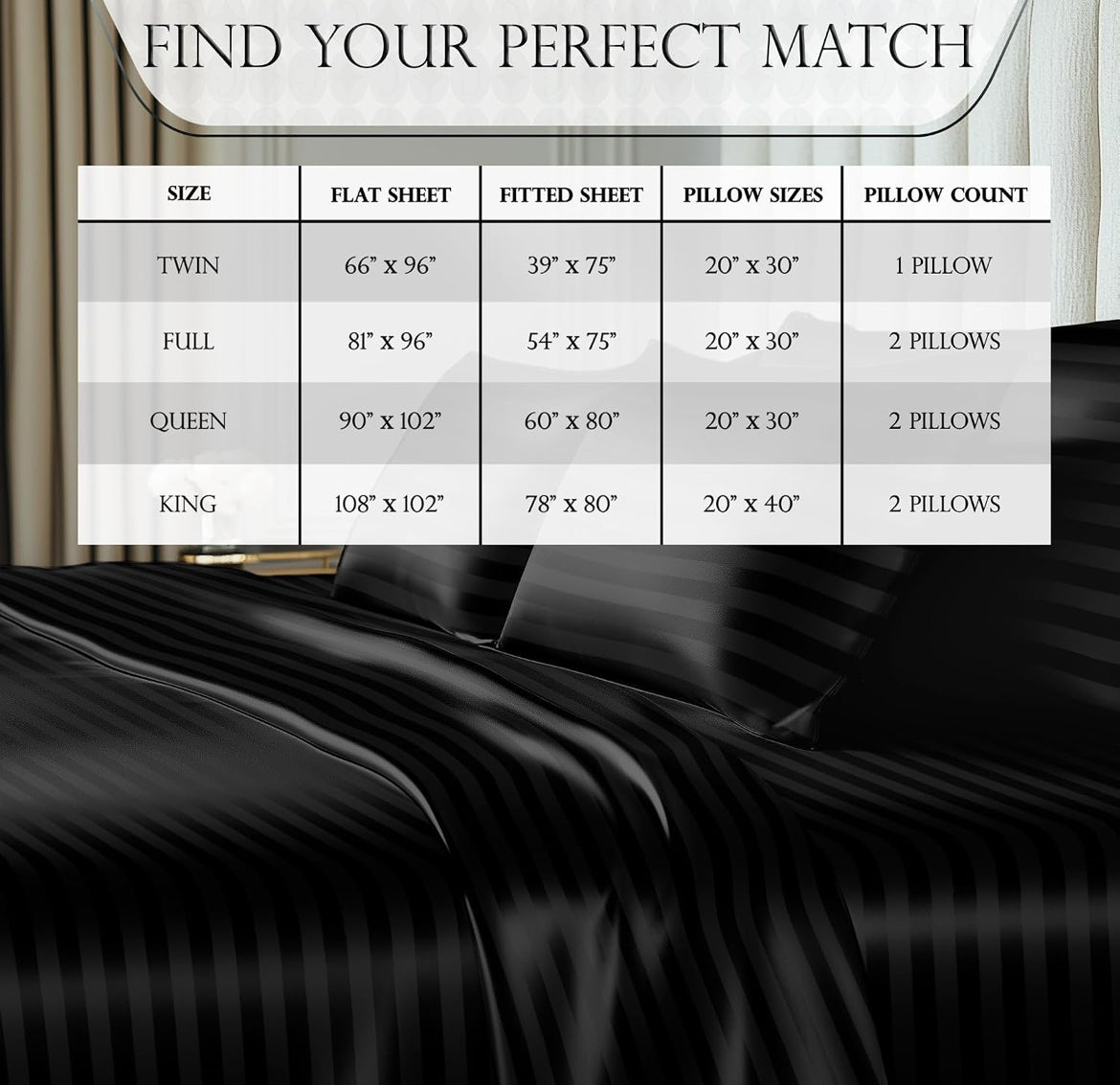 DECOLURE Satin Bed Sheets - 4 Piece Luxury Silky Queen Size Bedding Set - Softer Than Silk, Wrinkle-Free with 15” Deep Pocket Fitted Sheet, Perfect for Hair & Skin, Gifts for Women (Striped Black)