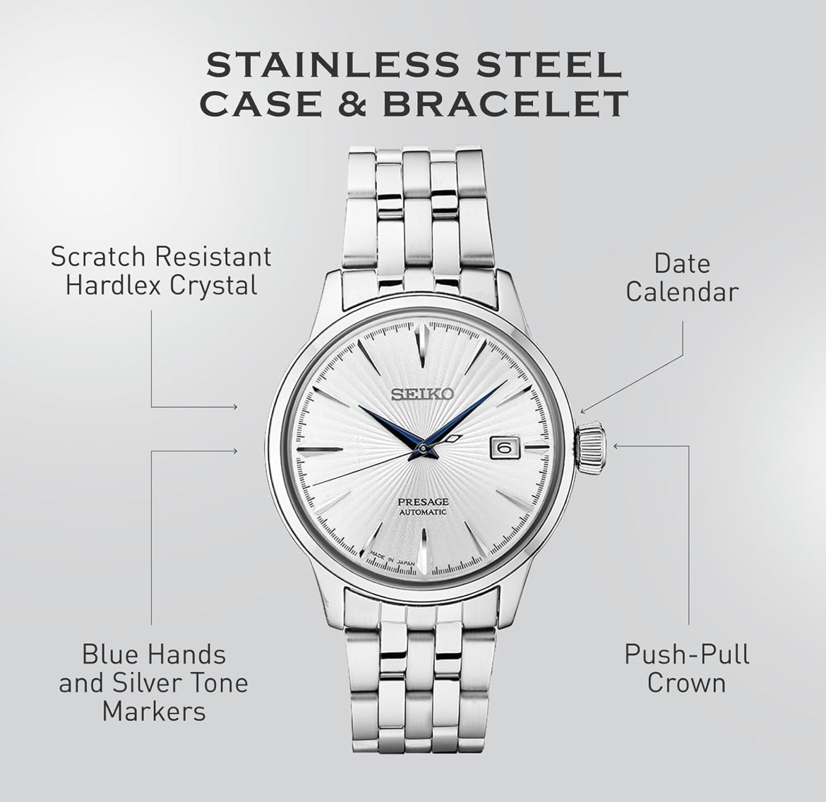 SEIKO SRPB77 Outomatiese Horlosie vir Mans - Presage Cocktail Time - Silwer Skakelaarplaat met Patroon en Glansafwerking, Datumkalender, 50m Waterbestand