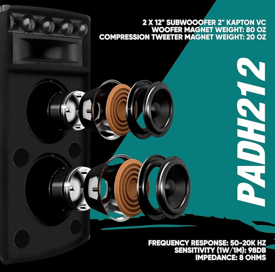 Draagbare PA-luidsprekerstelsel - 1600 Watt Buite-stereo met Dubbele 12" Woofers, 3.4" Piezo-tweeters, 5"x12" Superhoring-middeltoon, Oorkruisnetwerk