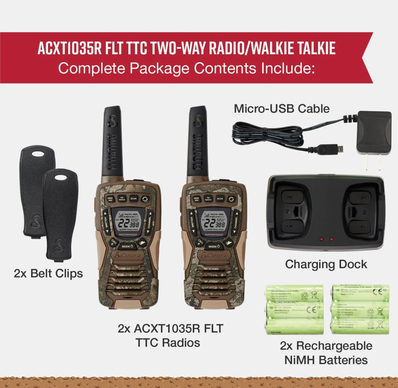 Cobra ACXT1035R FLT Waterdigte Handradio's - Herlaaibaar, Dryf, 22 Kanale, Langafstand 37-Myl Tweerigting Radiostel (2-pak)