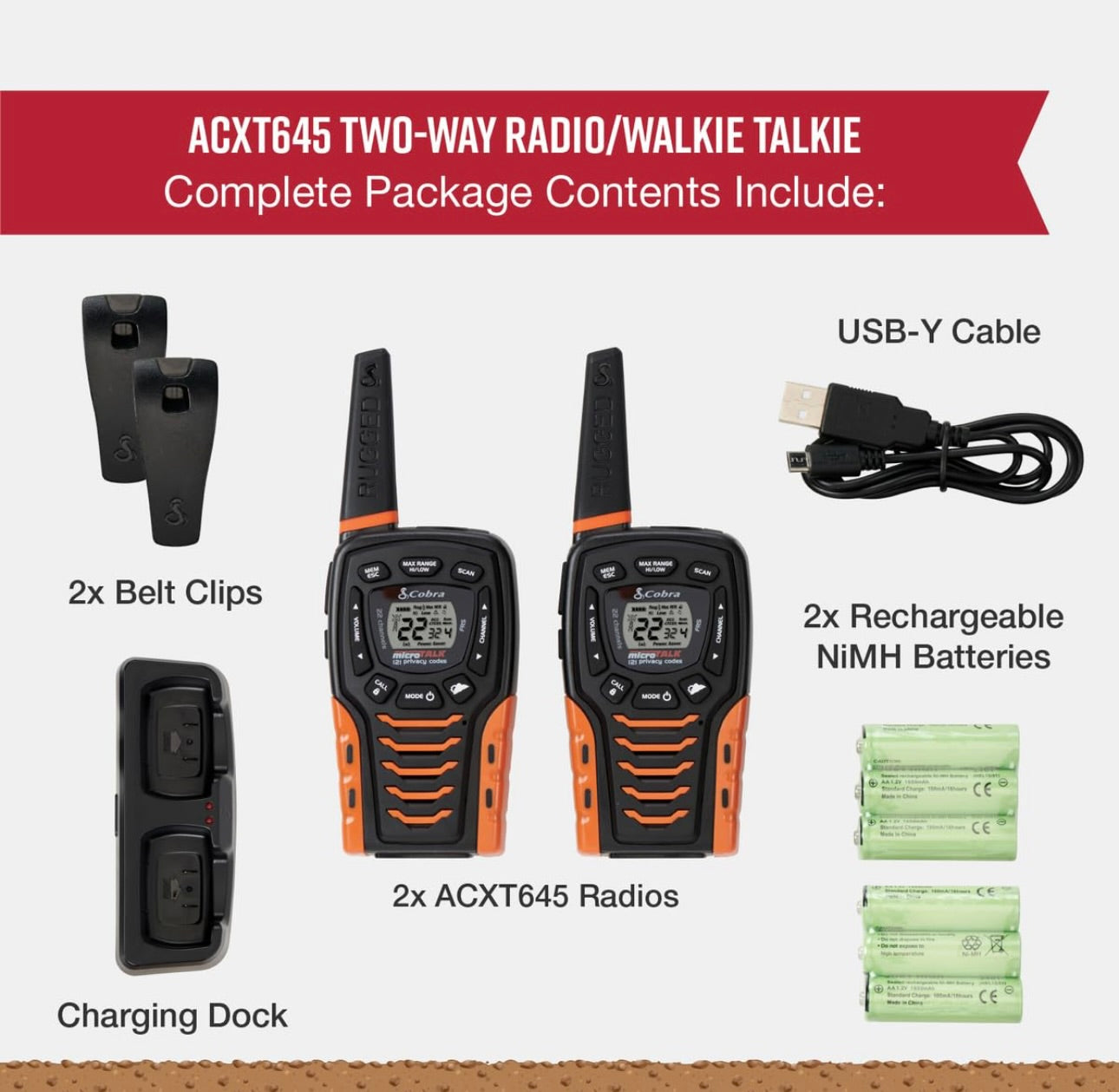 Cobra ACXT645 Waterdigte Walkie Talkies - Herlaaibaar, 22 Kanale, Langafstand 35 Myl Tweeradio-stel, Swart en Oranje (2-pak)