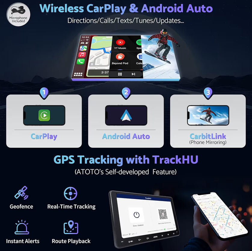 9" Dubbel-Din Kar Stereo Draadloos CarPlay & Android Auto QLED Raakskerm, Dubbele Bluetooth, GPS Nasporing
