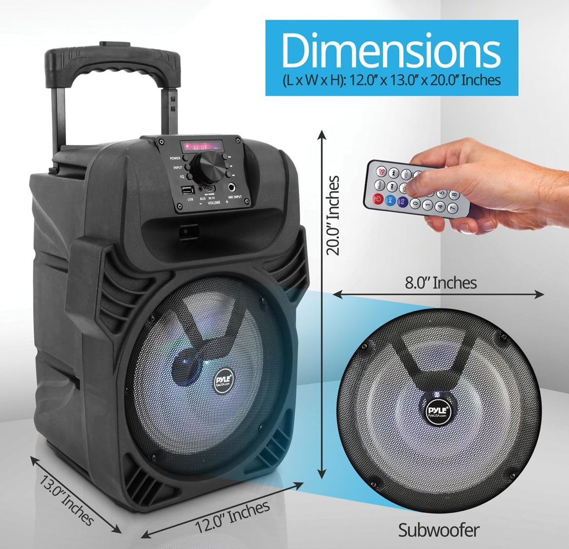 Rechargeable 8" Portable Bluetooth Speaker 500W Indoor/Outdoor Karaoke Machine Sound System - Multi-Color LED Party Lights, Mic Input, FM Radio, MP3/USB & Remote Control (Black)