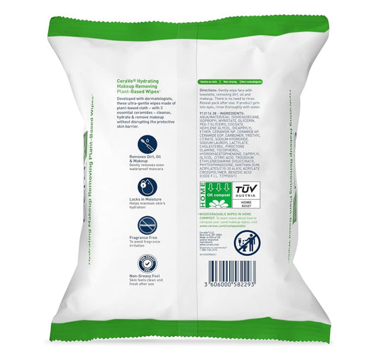 CeraVe Make-upverwyderaar Doekies, Plantgebaseerde Bioafbreekbare Waterlose Gesigwas, Reisbenodigdhede Nie-komedogenies -1 PK
