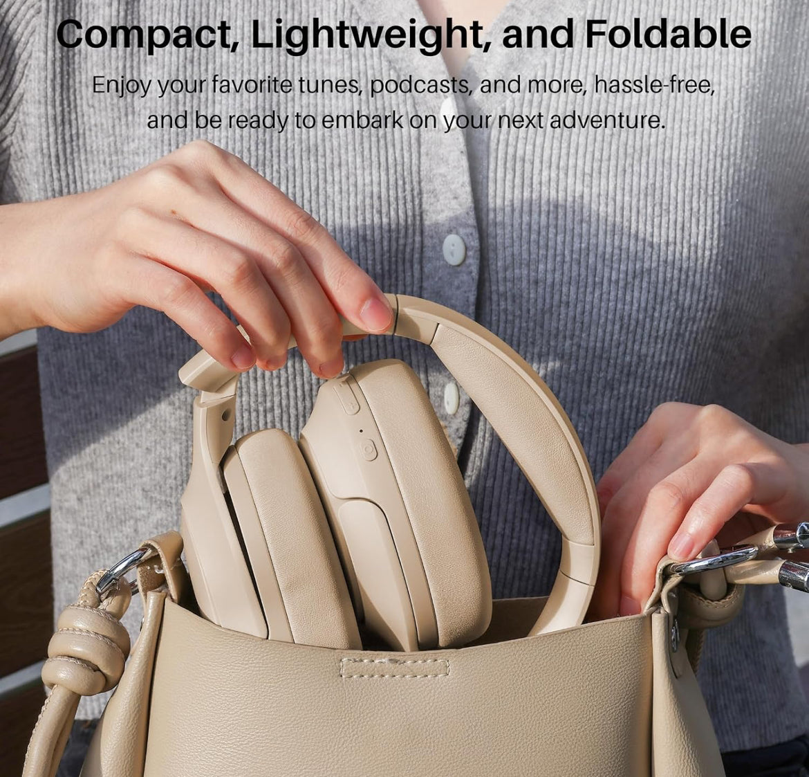 HT2 Hybrid Active Noise Cancelling Headphones, Wireless Over Ear Bluetooth Headset, 60H Playtime - Khaki