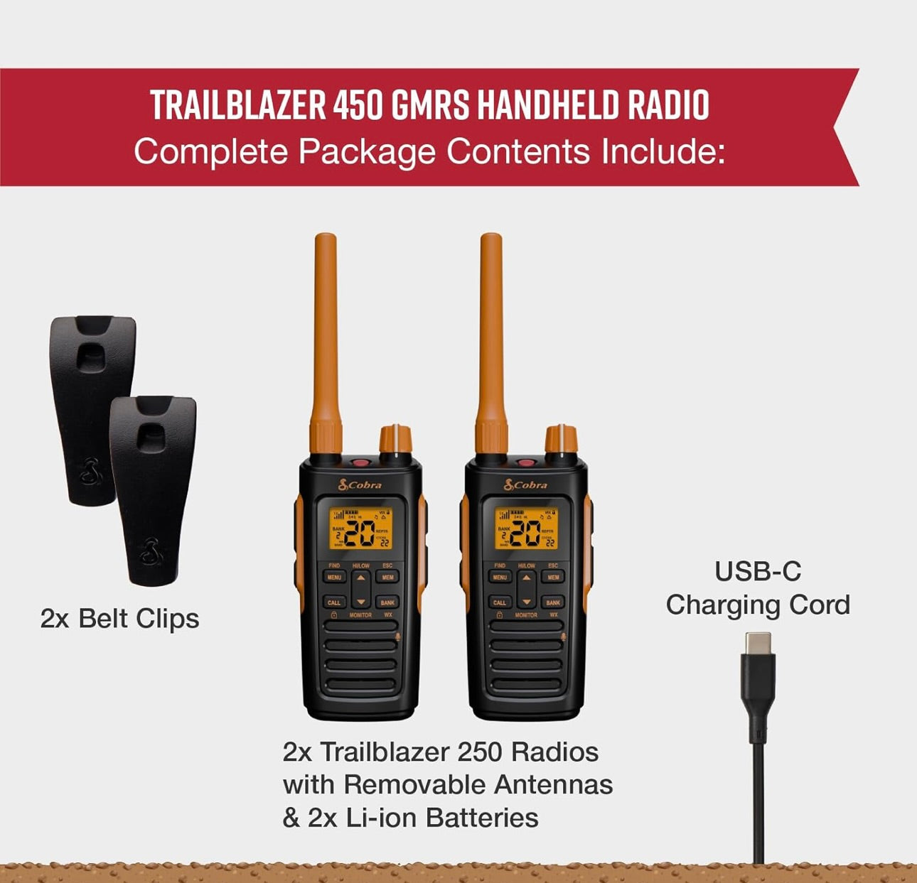 Cobra Trailblazer 450 GMRS Radio (2-pak) – IP54 Weerbestand, 16h Battery, 2.5W Langafstand Walkie-Talkies, Groot LCD-skerm, NOAA, Programmeerbare Sagteware, Verwyderbare Antenna, Herhaler-versoenbaar