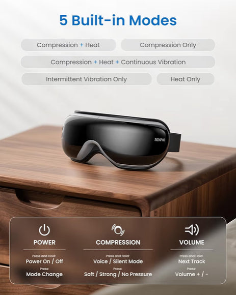 Eyeris 1 Eye Massager w/ Heat for Migraine, Smart Sleep Mask for Dry Eyes Relax, Reduce Strain - Black
