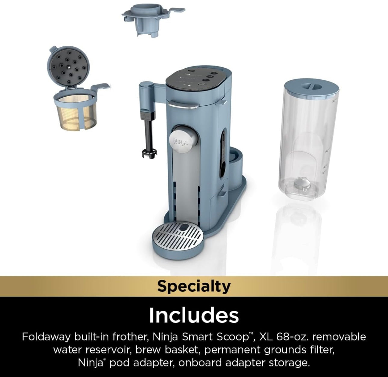 Ninja Pod & Grounds Specialty XL Single-Serve Coffee Maker, K-Cup Pod Compatible -Denim Blue (PB055ABL)