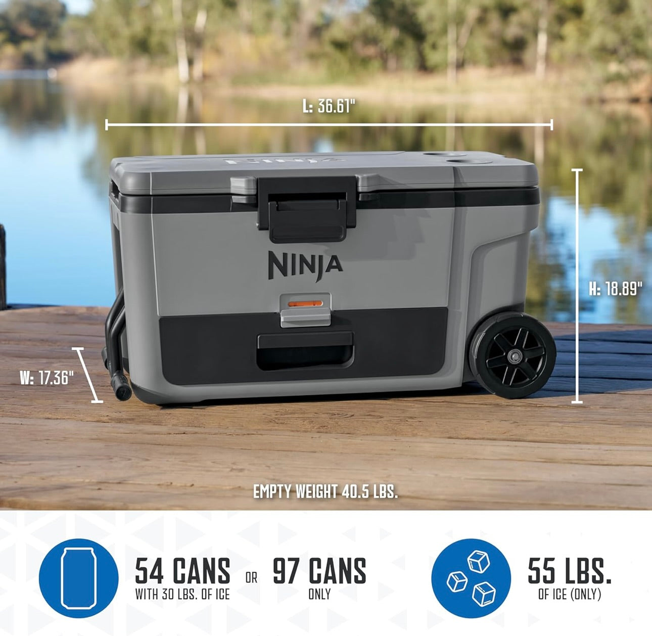 Ninja Cooler FrostVault 65QT Yskas met Wiele Geïsoleer met Temperatuur Droë Bergingslaai Hou Ys Dae Lank Koud - Lei Grys (FB265GY)