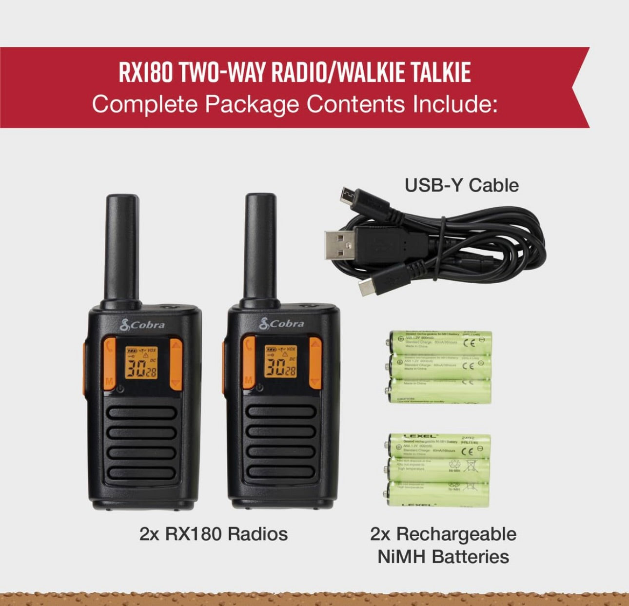 Cobra RX180 Walkie Talkies (2-pak) – Liggewig, Maklik-om-te-gebruik Kompakte Tweerigtingradio's Lang Reeks, 22 Voorafingestelde Kanale, NOAA Weerwaarskuwings, VOX-funksie, LED-flitslig (Oranje/Swart)