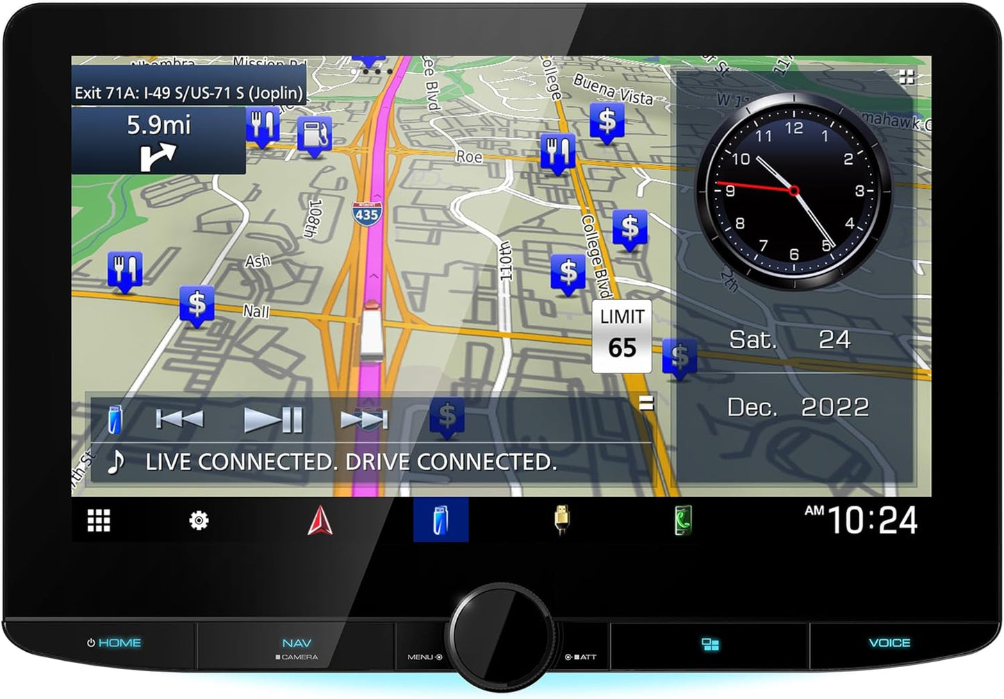 Kenwood GPS-navigasiestelsel 10.1"-multimedia-ontvanger; 10.1"-hoëdefinisie-monitor met kapasitiewe raakpaneel; Apple CarPlay; Android Auto gereed; Ingeboude Bluetooth; HD-radio; Wi-Fi