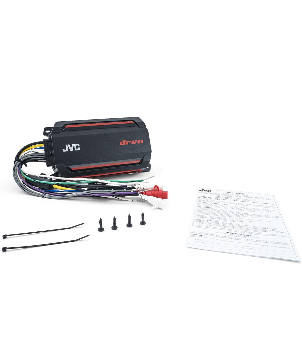 JVC KS-DR2004D 4-kanaal kompakte digitale versterker (600W) vir motors, seevaartuie, UTV & motorsportvoertuie, soliede korrosiebestande aluminiumonderstel, IPX6-, IPX7- & IP6X-gesertifiseer en vibrasiebestand