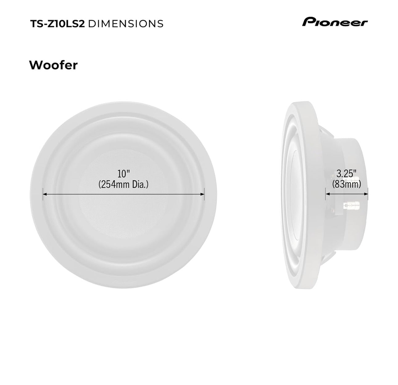 Pioneer TS-Z10LS2 10” Oormaat Subwoofer, Vlak Ontwerp, Maklike Installasie en Buigsame Pasvorm, 1300 Watt Spitsvermoë, Enkelluidspoel van 2 Ohm vir Diep, Verbeterde Basrespons