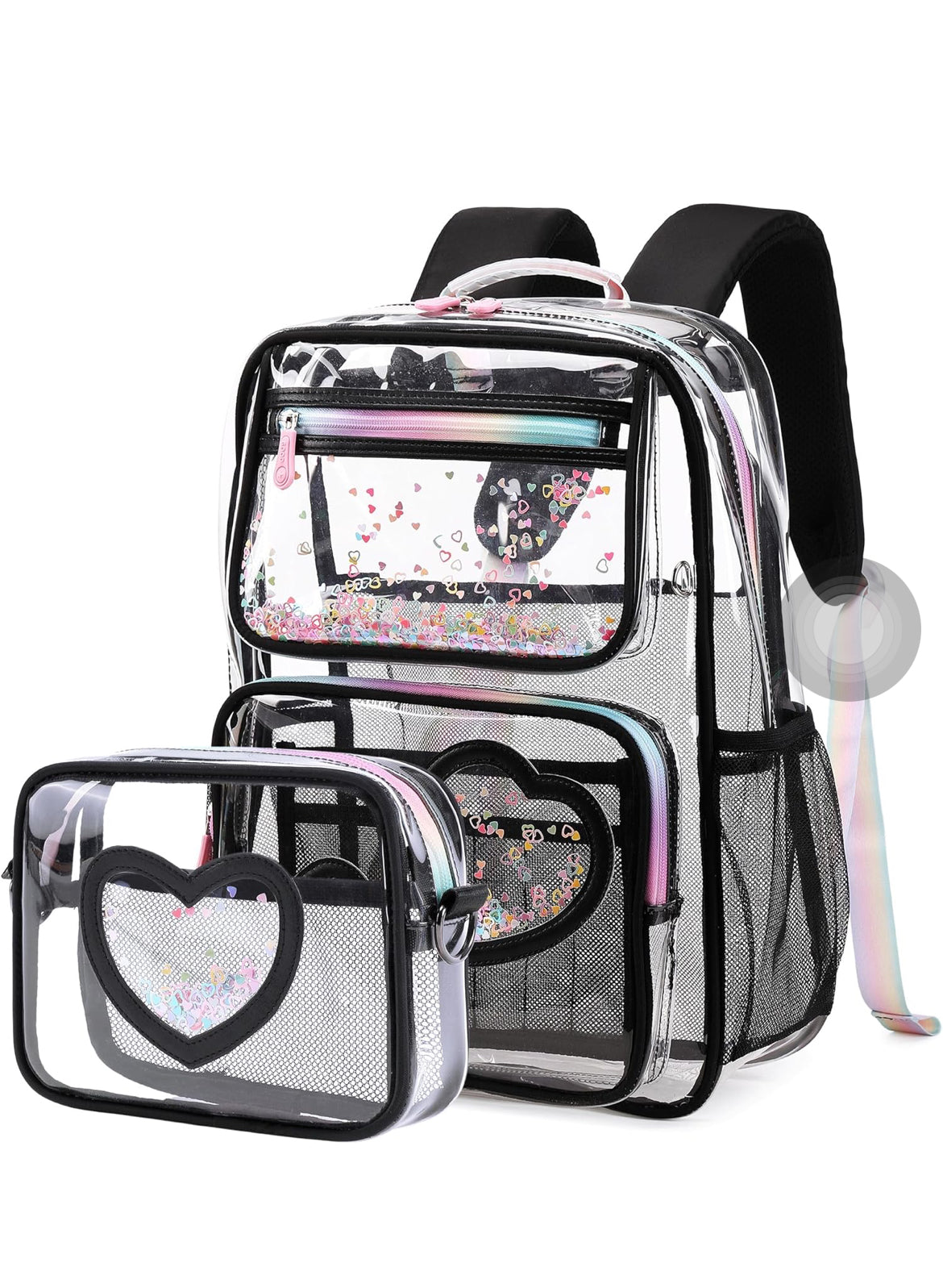 Girls Clear Backpack,2 PCS Large Backpacks Set,Heavy Duty Bookbag Stadium Approved Daypack Transparent Women Bag See Through Daypack for Kids Elementary Middle School Students Teens Sport Black