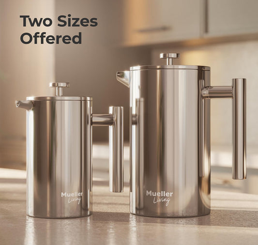Druk-Koffiemaker 1L, Vlekvrye Staal, 4 Filters Hittebestande Dubbel Geïsoleerd, Roesvry, Voedselgraad, Skottelgoedwasser Veilig