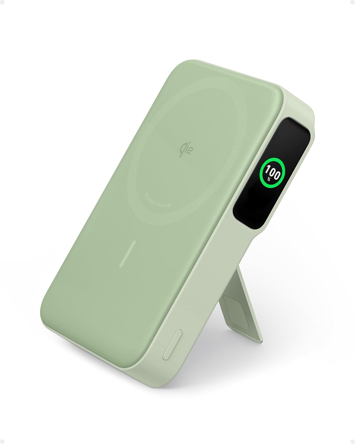 MagGo Power Bank, Qi2 Certified 15W Ultra-Fast MagSafe-Compatible Portable Charger, 10,000mAh Battery Pack with Smart Display and Foldable Stand - Green