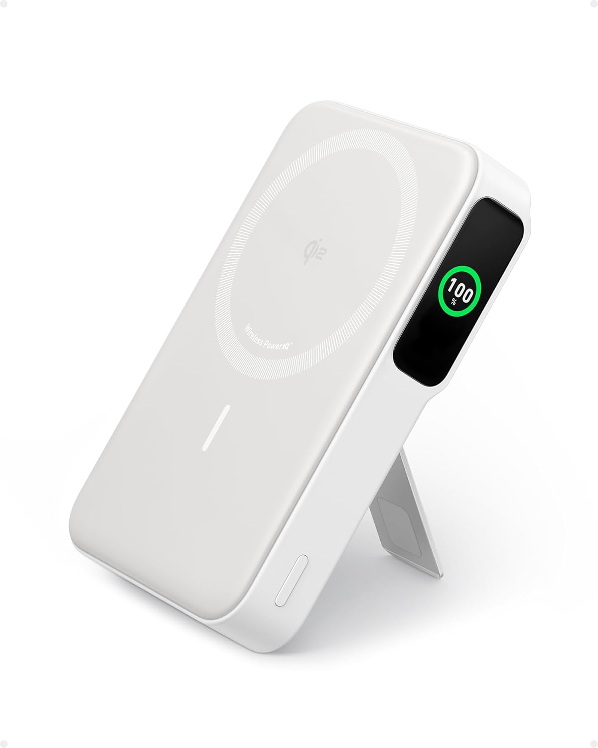 MagGo Power Bank, Qi2 Certified 15W Ultra-Fast MagSafe-Compatible Portable Charger, 10,000mAh Battery Pack with Smart Display and Foldable Stand- White