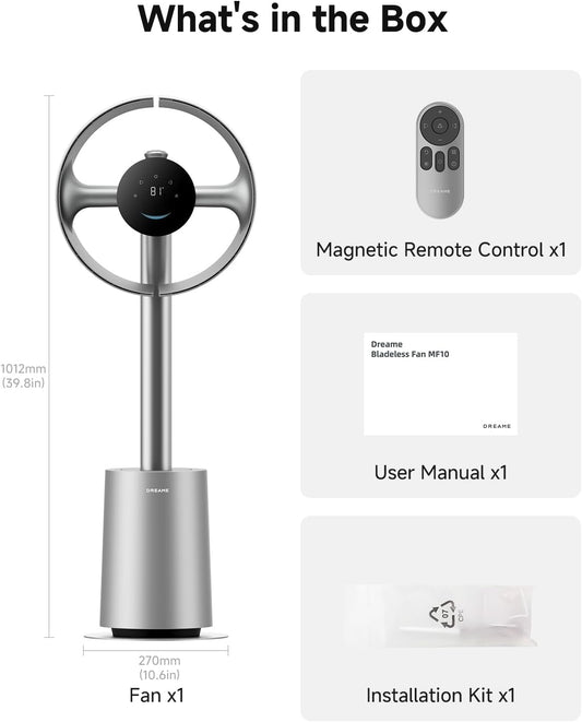 Bladeless Tower Fan MF10 w/ 270° Spatial Airflow Smart Standing Fan Circulation, 59ft/s High Velocity, 10 Speeds 3 Modes, Temperature-Adaptive Airflow - (Silver)